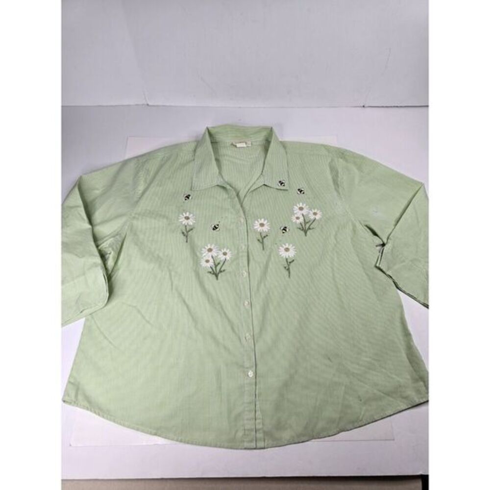 Tia Designs Shirt Green Gingham Womens 2X Bee Floral Embroiderd CottageCore‎